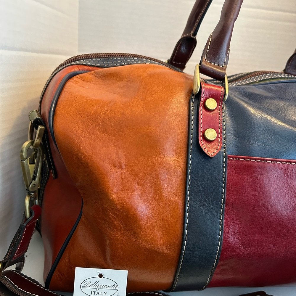 Tornabuoni Duffle bag leather luggage Burgundy Chestnut Brown Made in Italy New - Picture 6 of 13